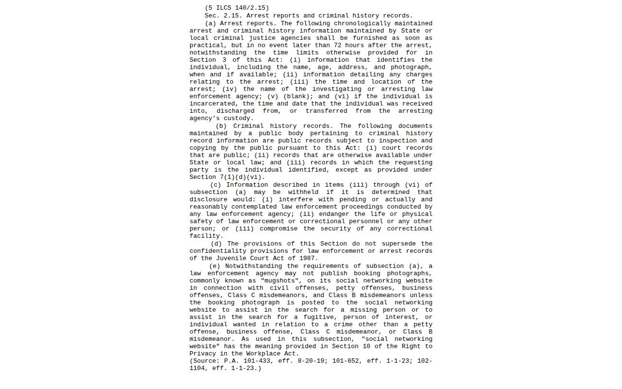 Illinois arrest information and booking photo statute, 5 ILCS 140 2.15